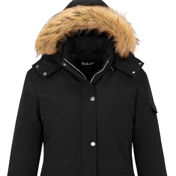 Soularge Women's Plus Sz 2XL Black Winter Coat Warm Puffer Jacket w Fur Hood NWT - Picture 1 of 7